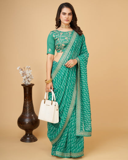 Yashodhara Bandhni print with Zari embroidery  work lace Saree Green - Yashodhara Lifestyle