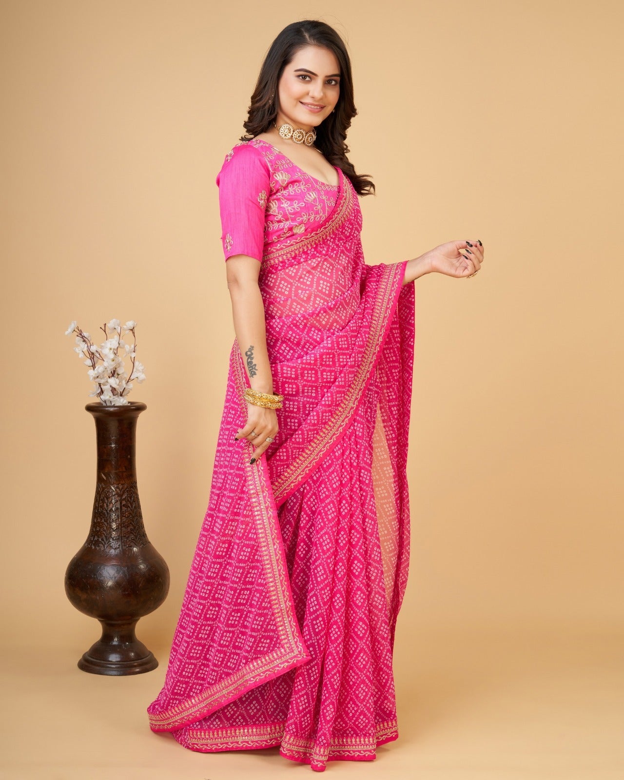 Yashodhara Bandhni print with Zari embroidery  work lace Saree Pink - Yashodhara Lifestyle