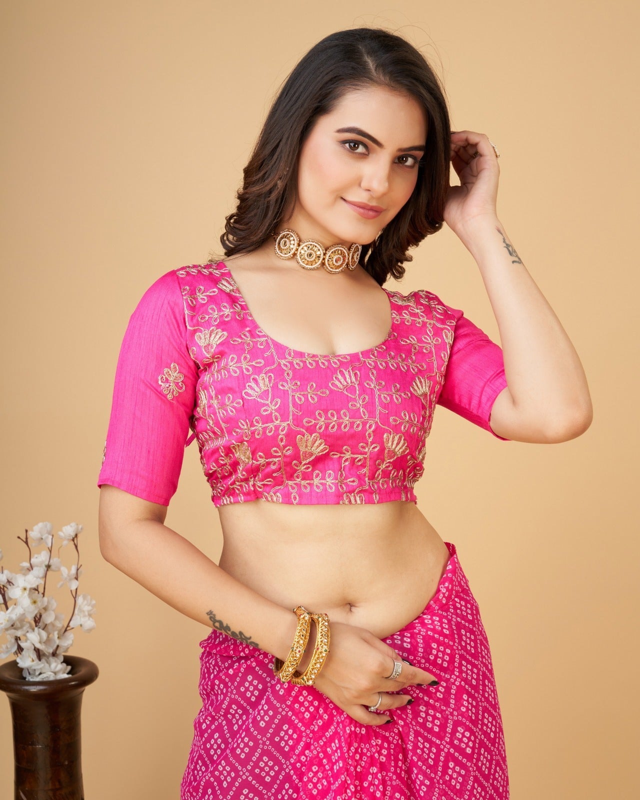 Yashodhara Bandhni print with Zari embroidery  work lace Saree Pink - Yashodhara Lifestyle