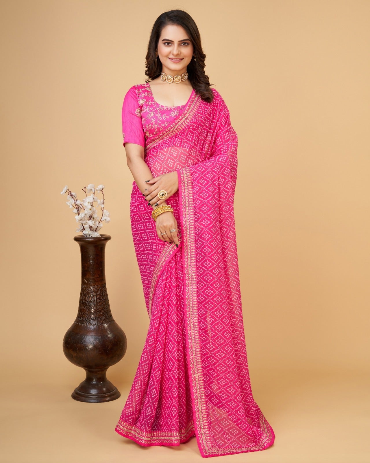 Yashodhara Bandhni print with Zari embroidery  work lace Saree Pink - Yashodhara Lifestyle