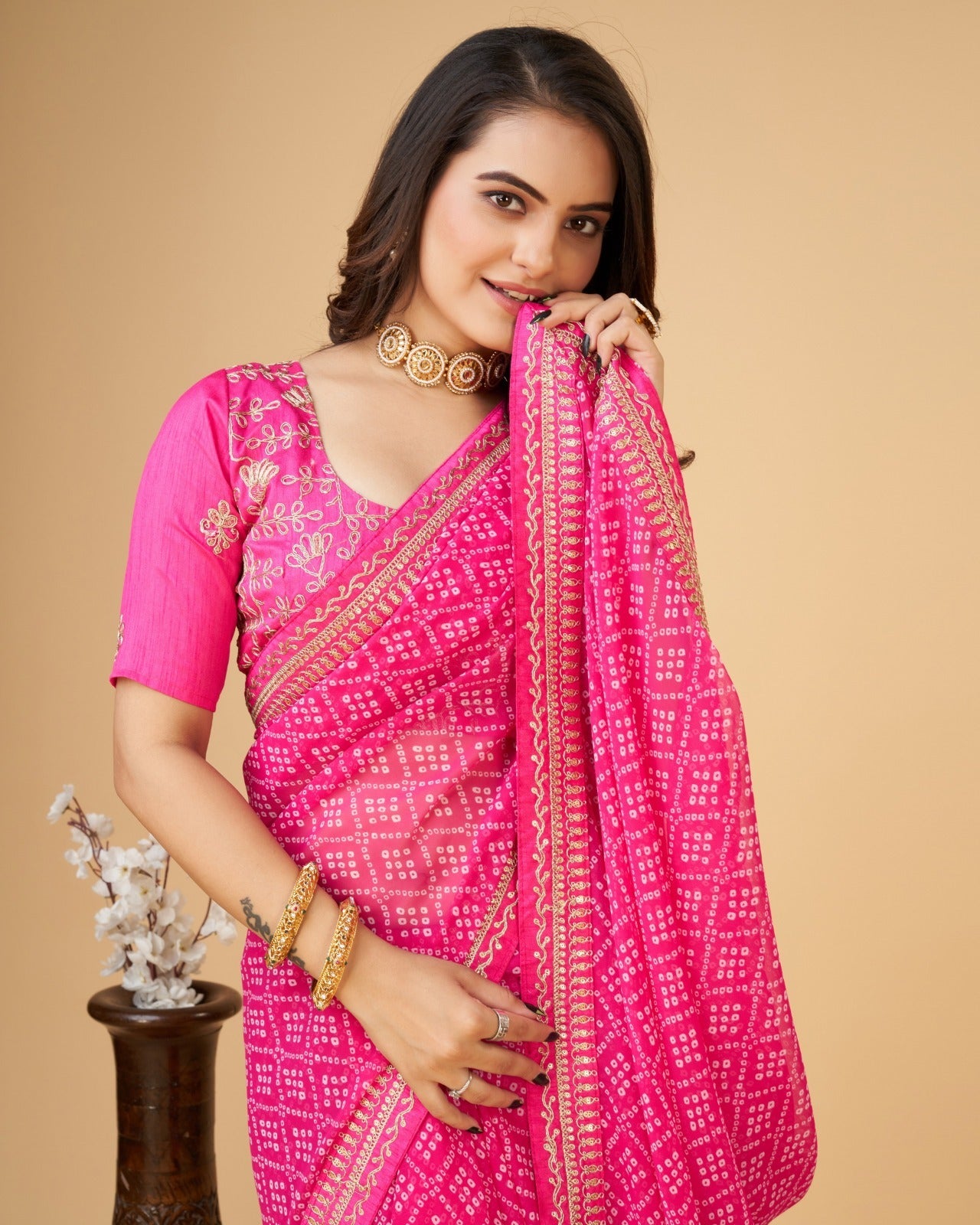 Yashodhara Bandhni print with Zari embroidery  work lace Saree Pink - Yashodhara Lifestyle