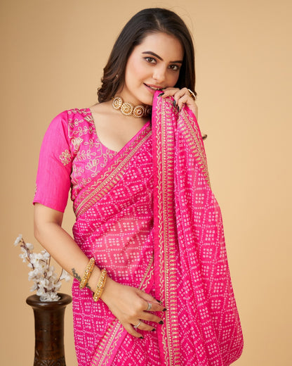 Yashodhara Bandhni print with Zari embroidery  work lace Saree Pink - Yashodhara Lifestyle