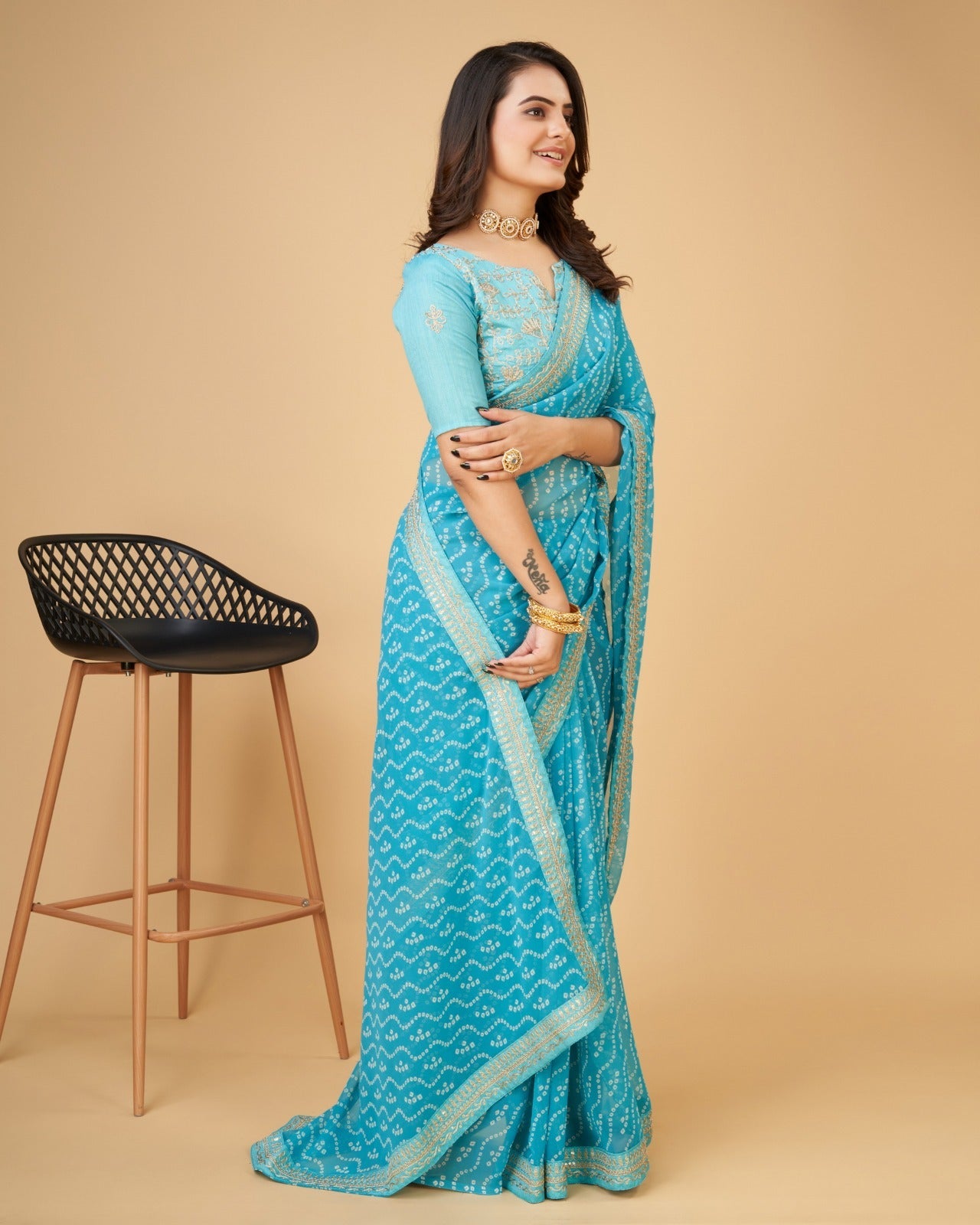 Yashodhara Bandhni print with Zari embroidery  work lace Saree Sky blue - Yashodhara Lifestyle