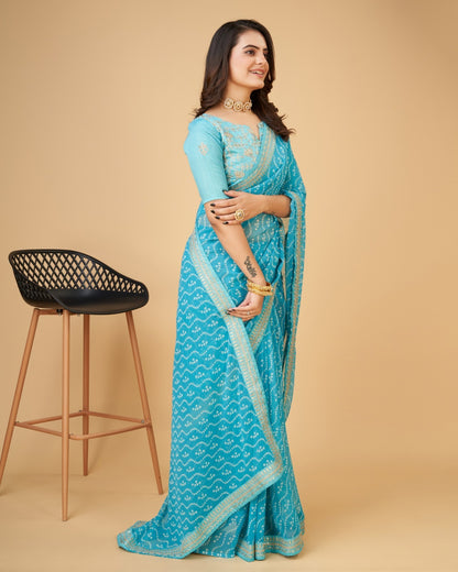 Yashodhara Bandhni print with Zari embroidery  work lace Saree Sky blue - Yashodhara Lifestyle