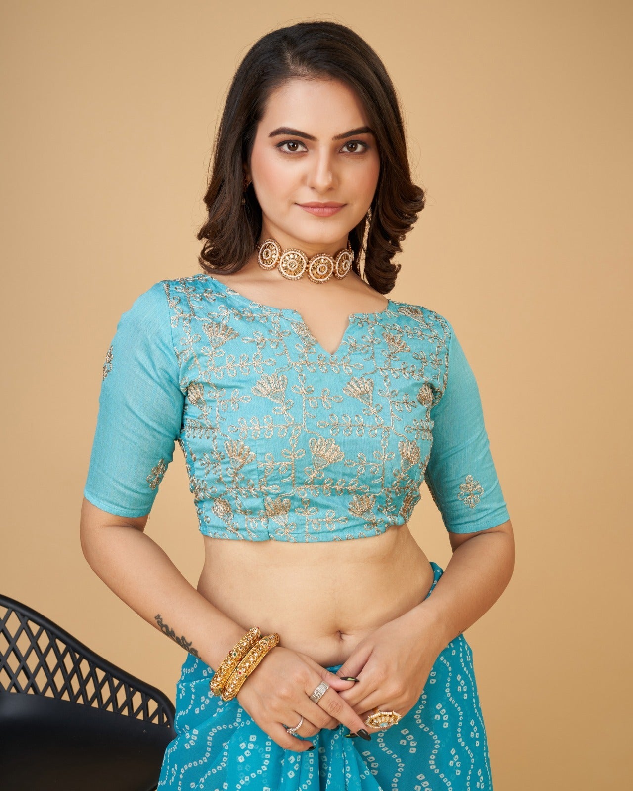 Yashodhara Bandhni print with Zari embroidery  work lace Saree Sky blue - Yashodhara Lifestyle