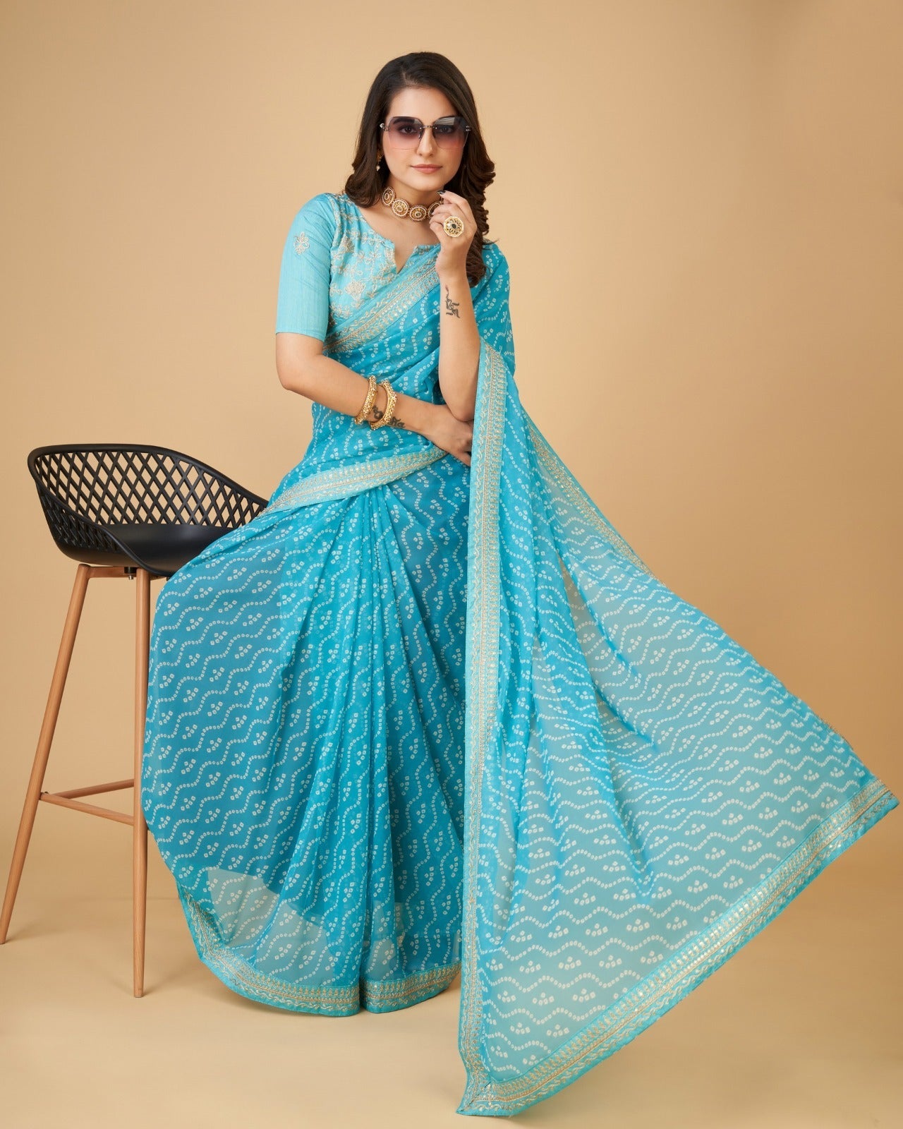 Yashodhara Bandhni print with Zari embroidery  work lace Saree Sky blue - Yashodhara Lifestyle