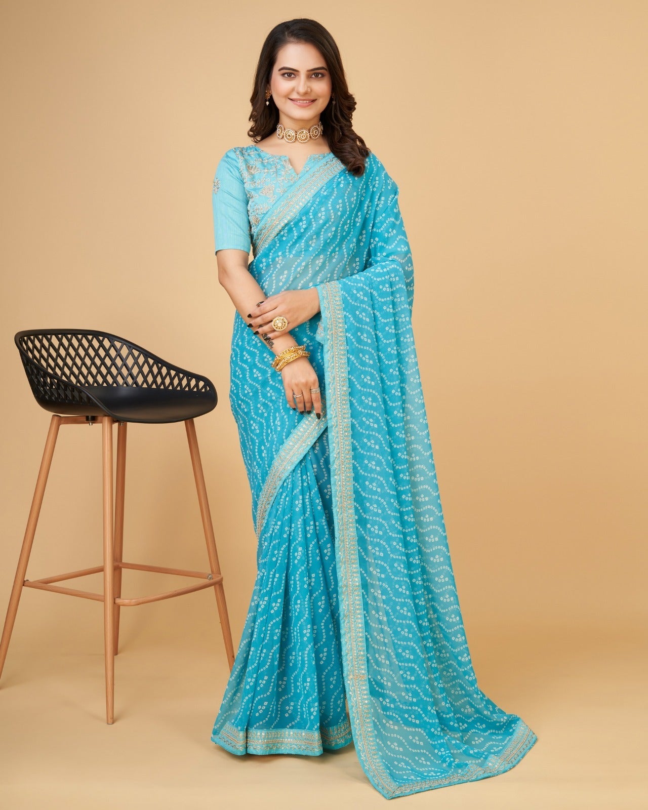 Yashodhara Bandhni print with Zari embroidery  work lace Saree Sky blue - Yashodhara Lifestyle