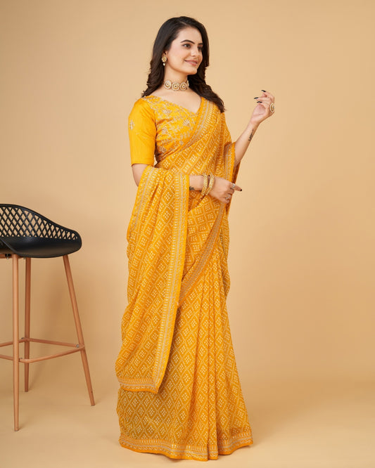 Yashodhara Bandhni print with Zari embroidery  work lace Saree Yellow - Yashodhara Lifestyle