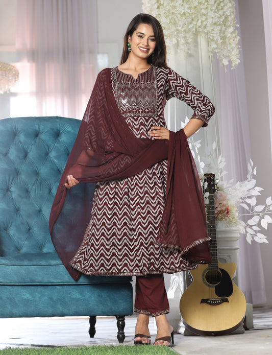 Diva printed Nayra cut kurti pants and dupatta set (Brown)