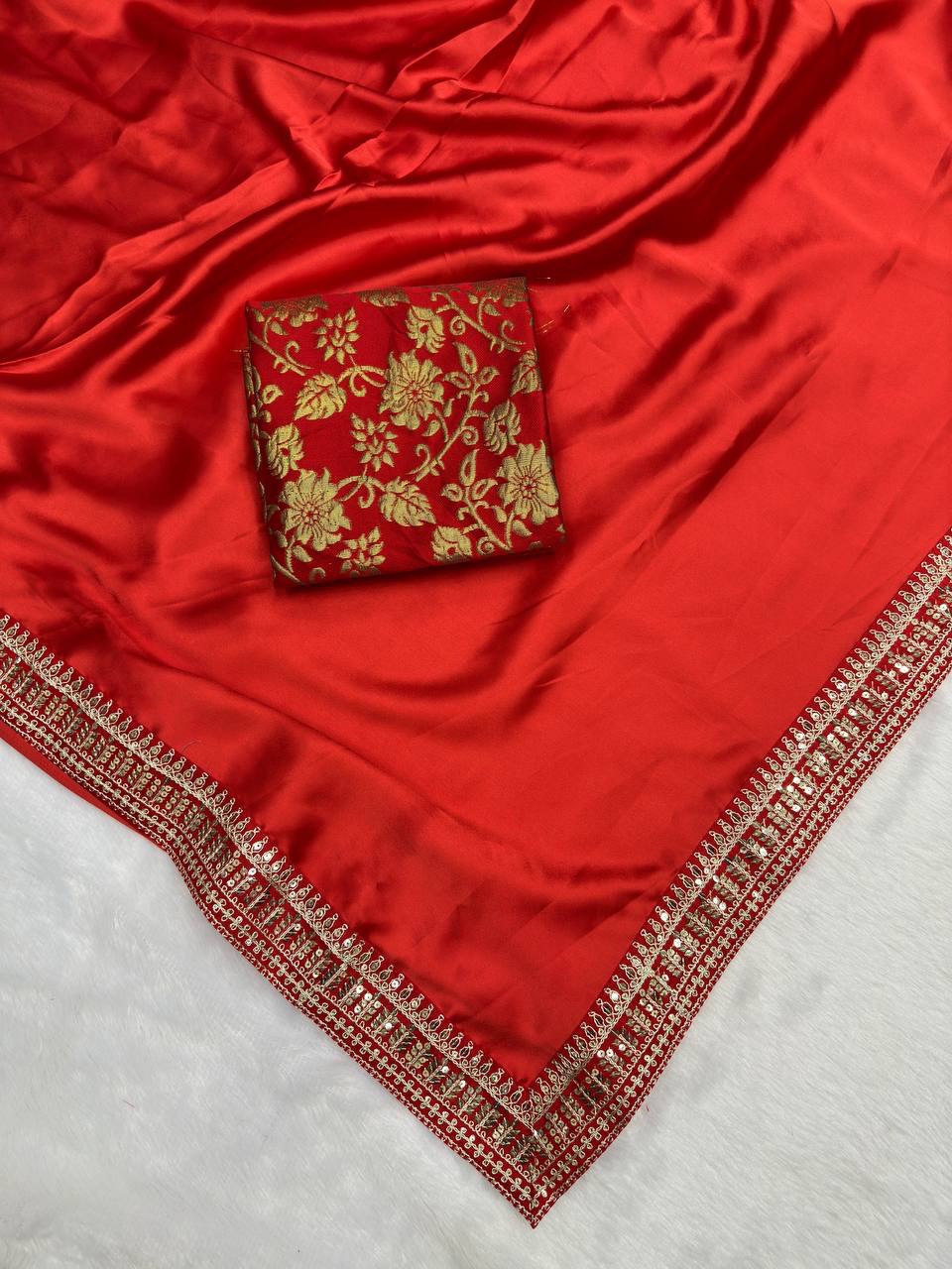 Japan Satin Fabric With Embroidery & Sequance Border Lace saree