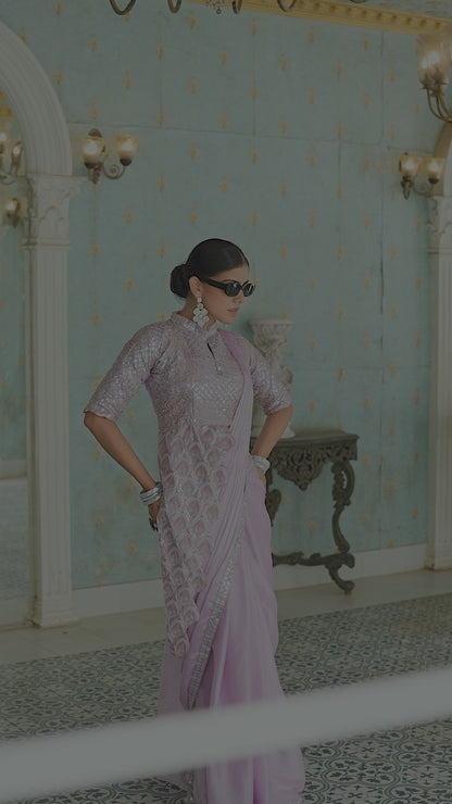 Premium Ready-to-Wear Chinon Drape Saree with Embroidered Stitched Blouse - pink