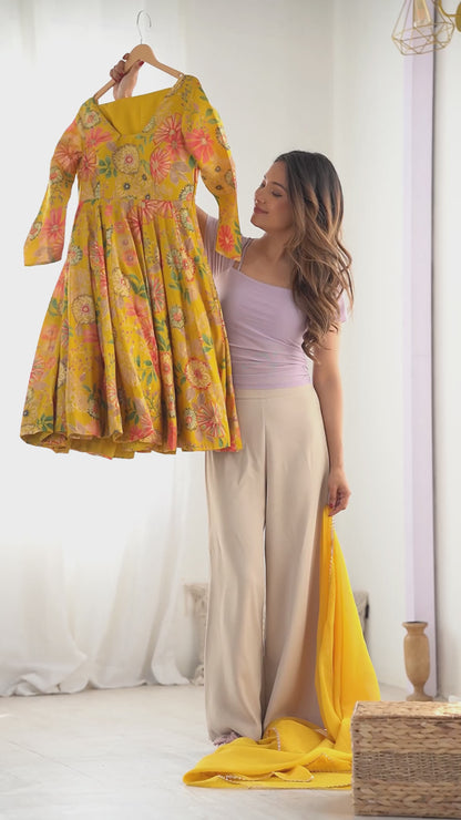 Elegant Floral Printed kediya kurta palazzo Set – Yellow