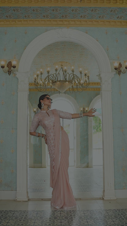 Premium Ready-to-Wear Chinon Drape Saree with Embroidered Stitched Blouse - peach