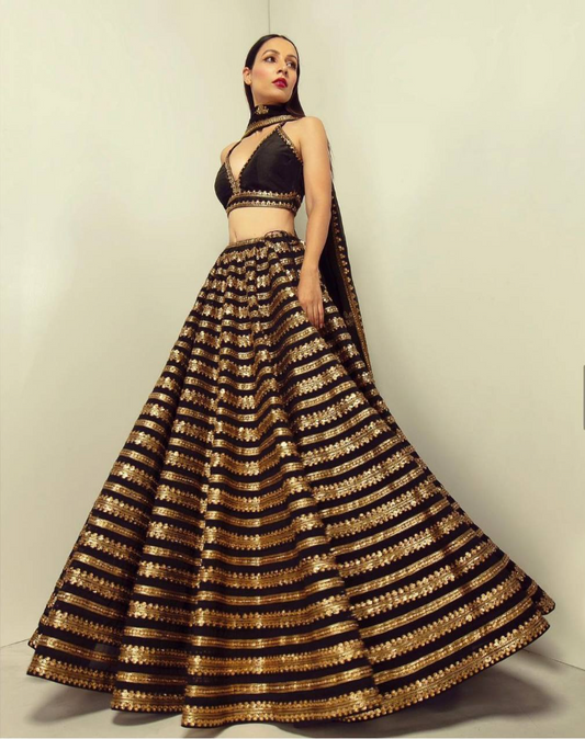 Black and Gold Silk lehenga with Dori Lace Blouse and Georgette Dupatta - Yashodhara Lifestyle