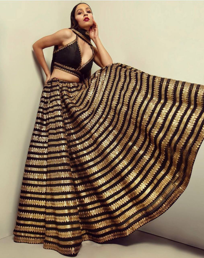 Black and Gold Silk lehenga with Dori Lace Blouse and Georgette Dupatta - Yashodhara Lifestyle